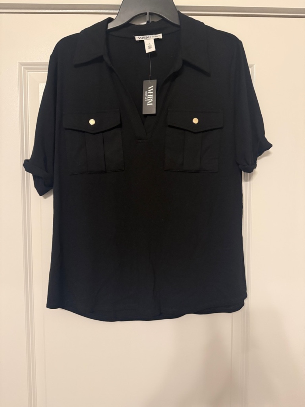 White House Black Market Black Pocket V-Neck Blouse
